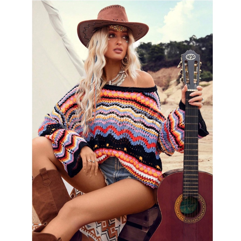 Bohemian Bell Sleeve Light Sweater Loose Fit Multicolor Knit Eyelet Stretchy - Picture 3 of 8